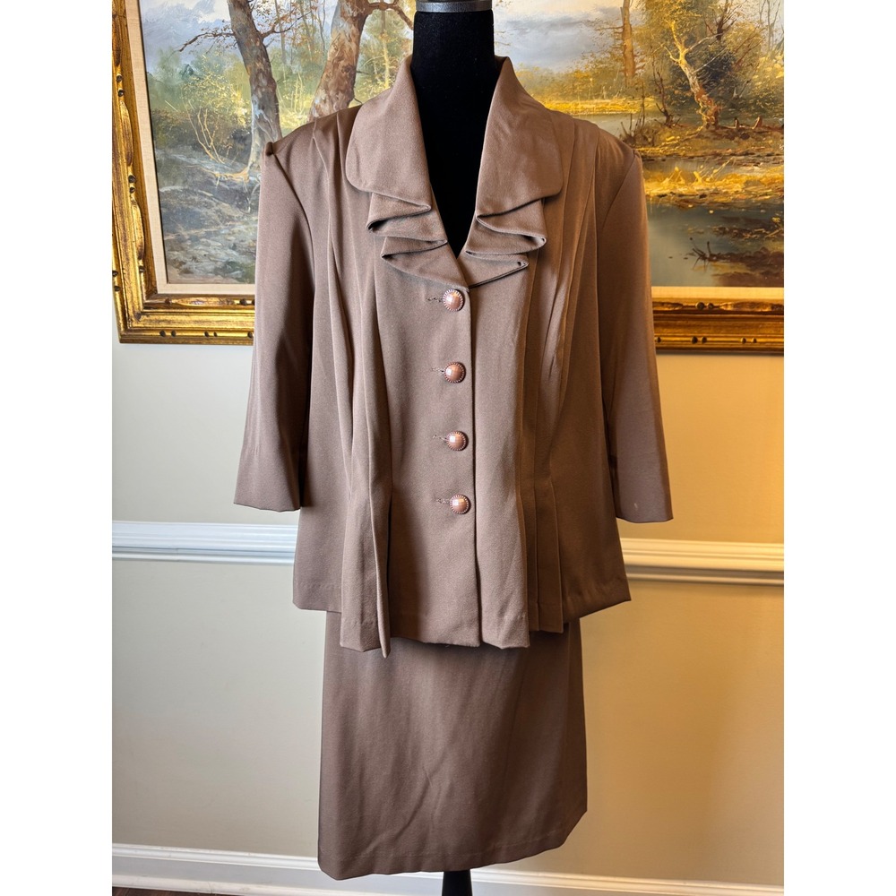 T.Milano Stretch Woman Brown Ruffle Collar Skirt Suit Set 18W Retro Career Wear